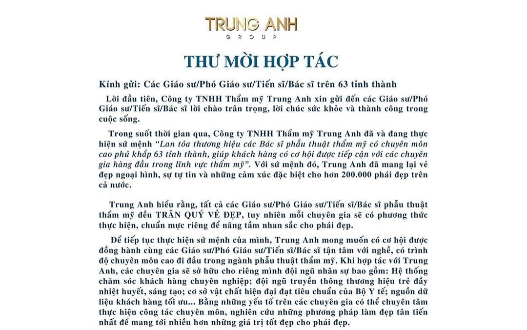 *LỜI MỜI HỢP TÁC GIÁO SƯ, PHÓ GIÁO SƯ, TIẾN SĨ, BÁC SĨ PHẪU THUẬT THẨM MỸ*