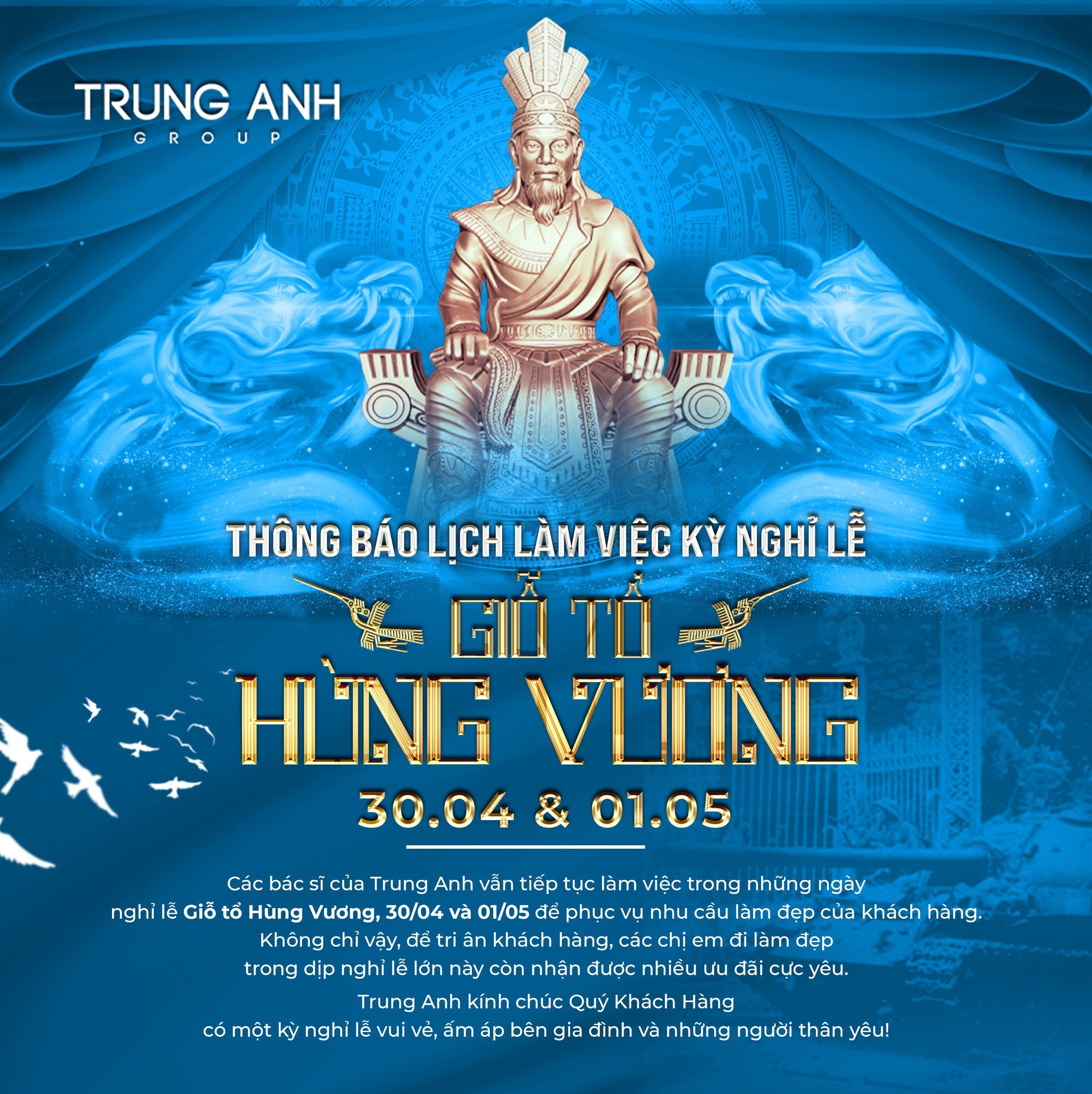 THÔNG BÁO: LỊCH LÀM VIỆC KỲ NGHỈ LỄ GIỖ TỔ HÙNG VƯƠNG, 30/04 VÀ 01/05