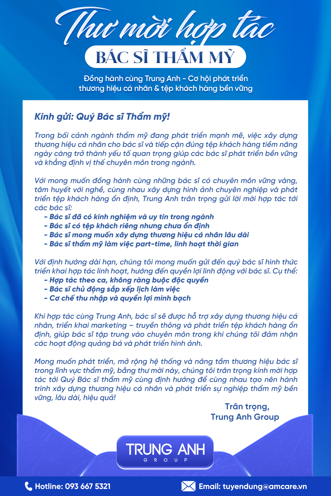 THƯ MỜI HỢP TÁC - BÁC SĨ THẨM MỸ